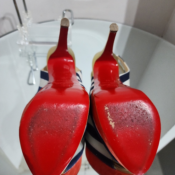 Christian Louboutin Lady Peep Sling 150 Toile Rayee Stripe Pumps Heels Size 35 - Picture 7 of 12